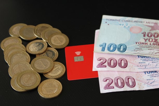 纸币、土耳其硬币和信用卡在黑色背景上。100和200英镑。经济和金融。图片下载