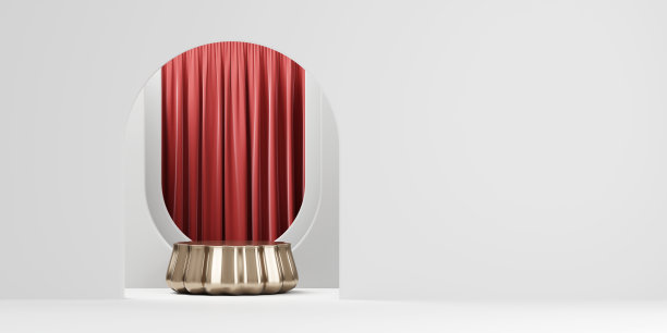 3D渲染金色平台裙台与红色窗帘产品演示背景图片下载