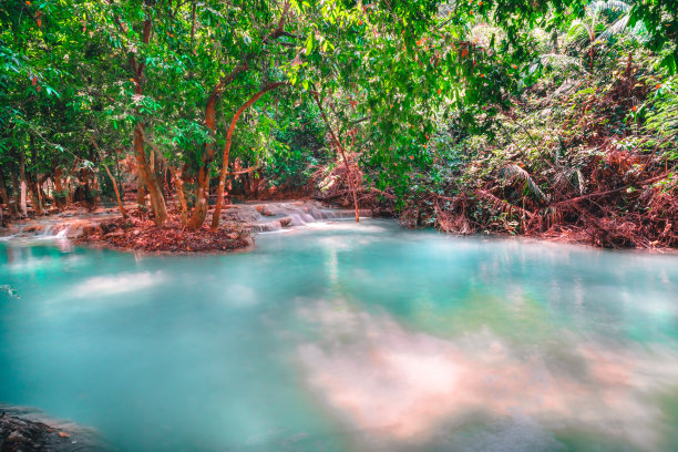 温泉温泉自然浴被红黄色的叶子包围着。在秋天的叶子，瀑布之间的许多叶子，在秋天的叶子颜色变化图片下载