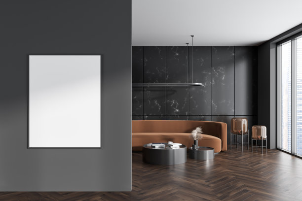 正面视图在黑暗的客厅内部与空海报图片下载