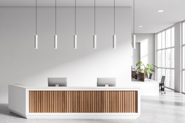 明亮的办公室室内，靠近窗户的接待和联合工作区图片下载