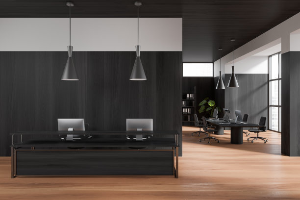 正面视图的黑暗办公室内部与接待图片下载