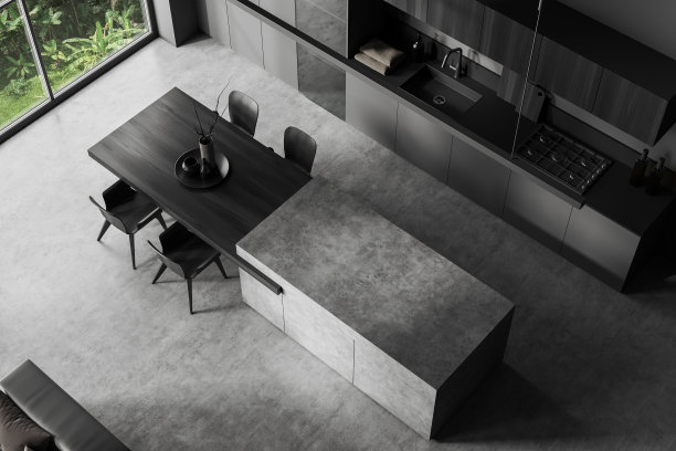 灰色厨房内部的顶视图与台面和全景窗口图片下载