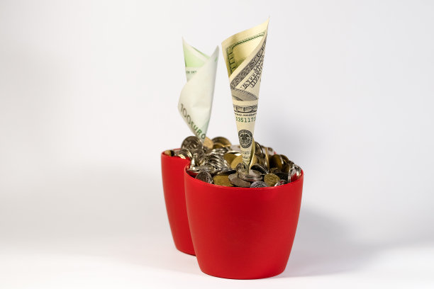 把钱种在红色花盆里，孤立在白色花盆里。经济增长概念。图片下载