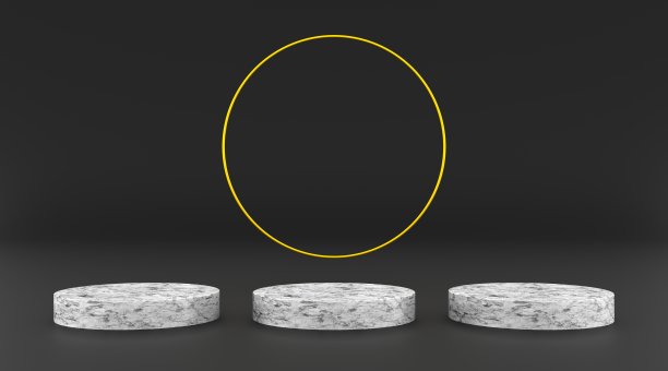 3d插图渲染大理石纹理平台和金色环圈与黑色背景为您的设计等图片下载