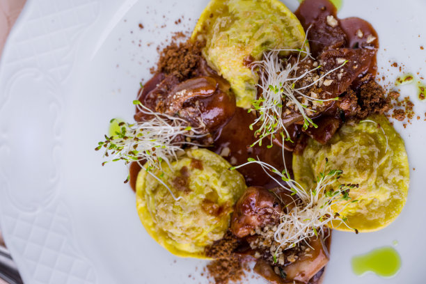 饺子配豆芽、蘑菇和肉汁，盛在盘子里图片下载