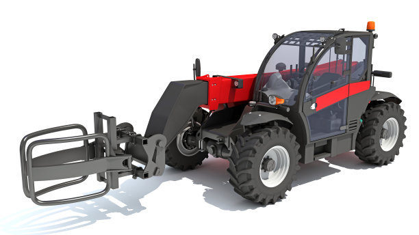 望远镜远程处理3D渲染重型工程机械在白色背景图片下载