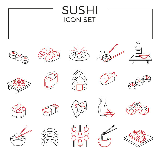 寿司图标集日本美食线图标。图片下载