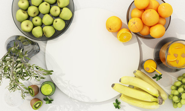 健康的理念和运动与运动器材和柑橘类水果，青苹果，猕猴桃和果汁在白色背景周围的自然物体。三维渲染图片下载