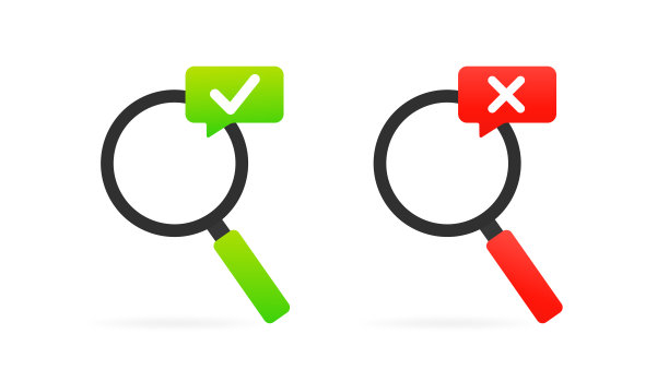 放大镜与检查标记设置。绿色和红色背景与时尚的长阴影设计。放大镜和勾叉图标。是和否的标志。矢量图图片下载