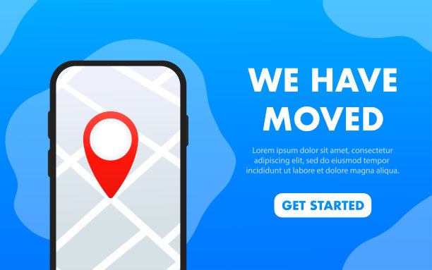 我们已经搬家了。搬家的办公室标志。剪贴画图像隔离在蓝色背景上。地标性权益的概念，如电子商务交付或转让。的网站。矢量图图片下载