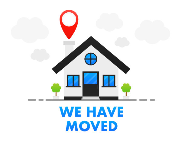 我们已经搬家了。搬家的办公室标志。剪贴画图像隔离在蓝色背景上。地标性权益的概念，如电子商务交付或转让。的网站。房地产。矢量图图片下载