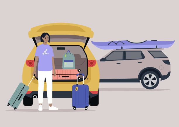 一个年轻的角色在汽车后备箱里打包行李箱，暑假公路旅行，度假的生活方式图片下载