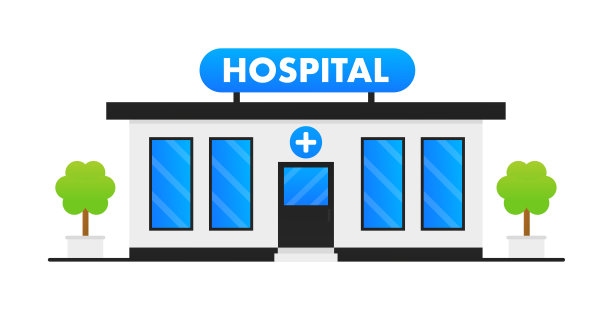 医疗中心前视图医院建筑。现代化的医院建筑，医疗保健系统和医疗设施齐全。城市建设。医院。医学中心。矢量图图片下载