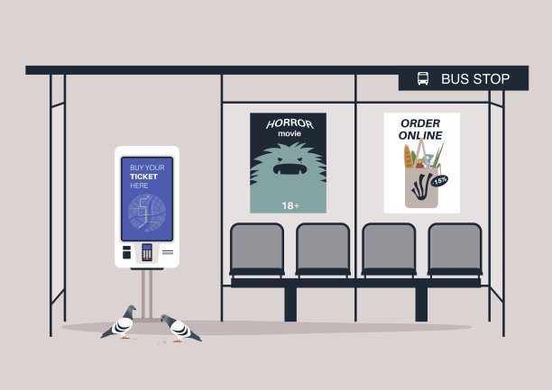 孤立的公共汽车站，有售票机，商业海报和鸽子图片下载