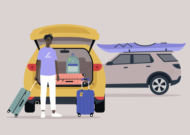 一个年轻的角色在汽车后备箱里打包行李箱，暑假公路旅行，度假的生活方式图片下载