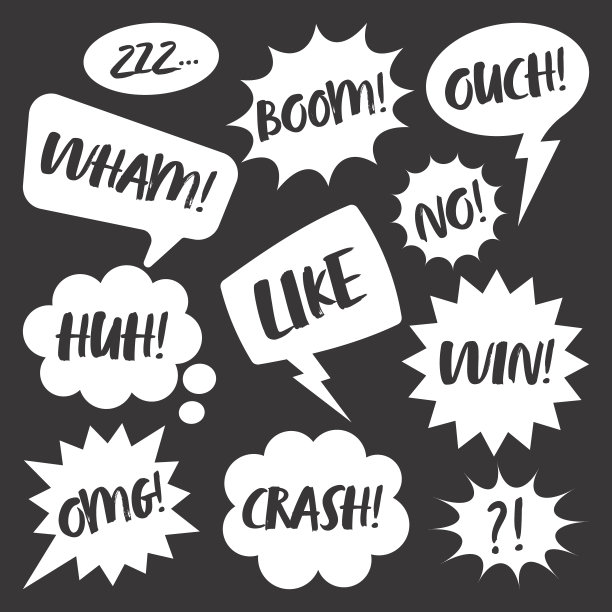 黑色背景上手写文字的白色漫画语音气泡。手绘的复古卡通贴纸。波普艺术风格。矢量图图片下载