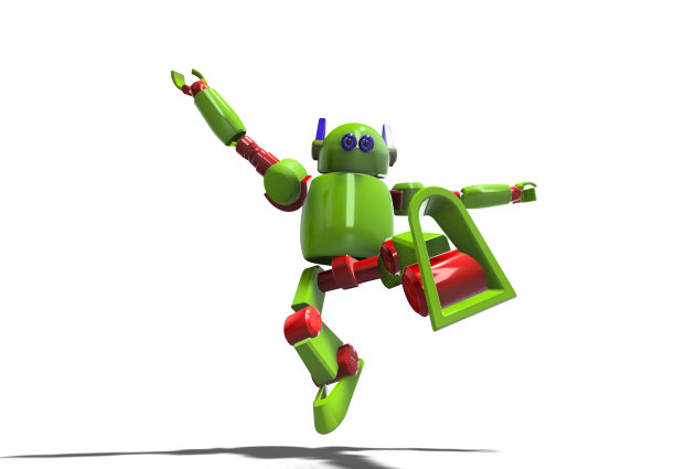 可爱的机器人手向上，脚向上，在空中跳跃白色背景。技术的概念。三维渲染图片下载