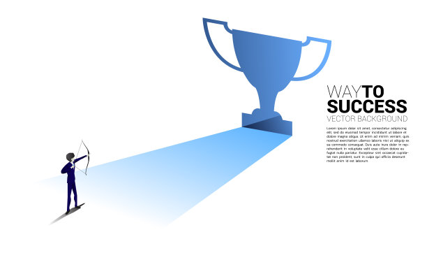 西装革履的商人射出箭出了门形奖杯。经营理念，通往赢家和冠军之路图片下载