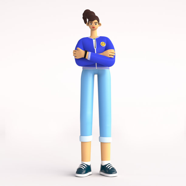 3d自信的女性双手交叉站立。网络或应用程序彩色肖像或头像。3d渲染插图。孤立在白色背景上。图片下载