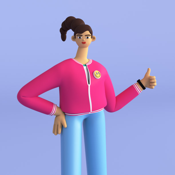 色彩鲜艳的年轻女子显示积极的姿态。3d女孩竖起大拇指，说工作好，尊重别人。3d渲染孤立的插图。图片下载