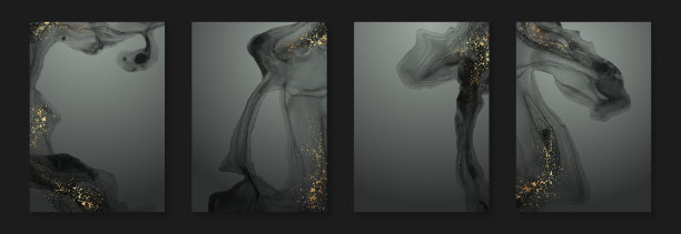 水彩背景与抽象的黑色墨水波和金色飞溅。图片下载