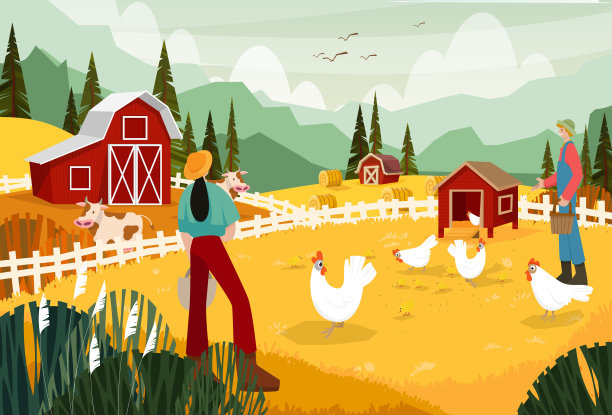 年轻夫妇在乡村养鸡场与家庭农场和围栏矢量图片下载