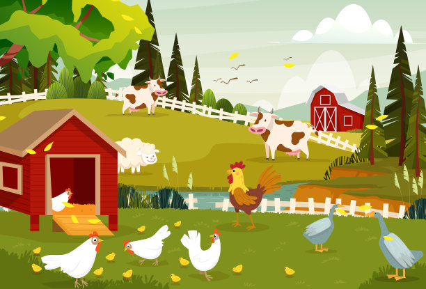 乡村养鸡场与家庭农场和围栏矢量图片下载