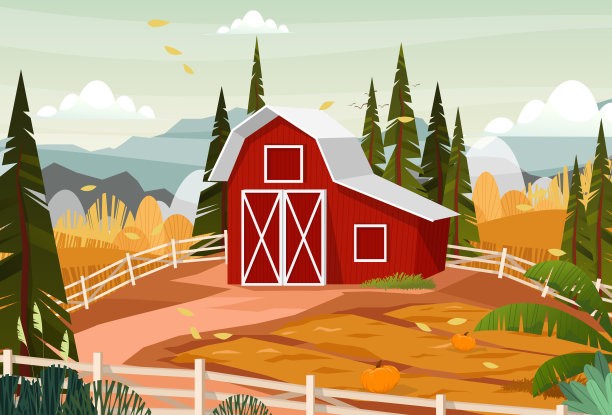 乡村农场景观与家庭农场和围栏矢量图片下载