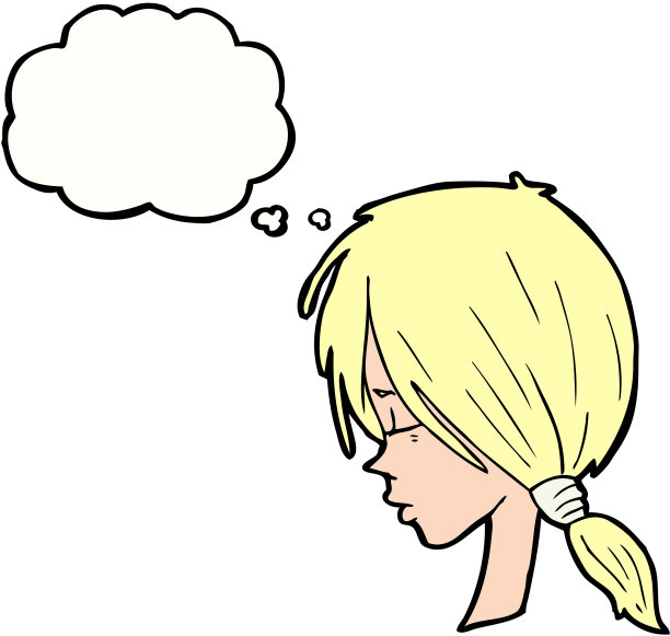 卡通女孩看起来深思熟虑与思想泡沫图片下载