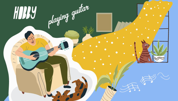 爱好主题拼贴，自由时间，家伙性格，男人坐在扶手椅上弹吉他，尤克里里，猫依偎在他的脸颊，宠物，矢量插图。图片下载
