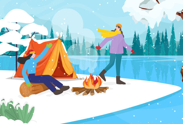 一群妇女在冰湖旁的雪地上燃起篝火。图片下载