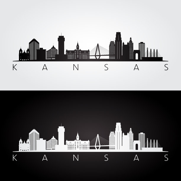 堪萨斯州的天际线和地标剪影，黑白设计。矢量插图。图片下载
