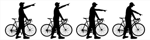 一个骑自行车的男人。那家伙把手伸来伸去。骑自行车的人:一群骑自行车的人彼此走在一起侧视图，侧面。四个男性的黑色剪影孤立在白色背景上图片下载