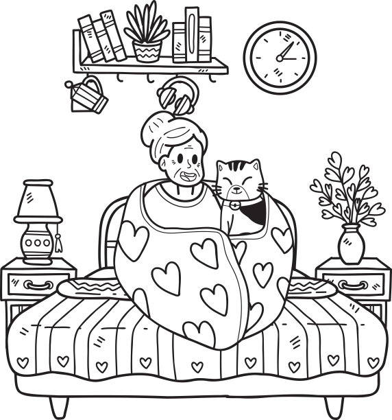 手绘老人拿着一只猫的插图在涂鸦风格图片下载