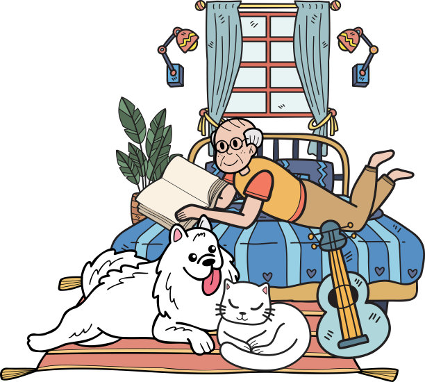 手绘老人与猫狗阅读涂鸦插画图片下载