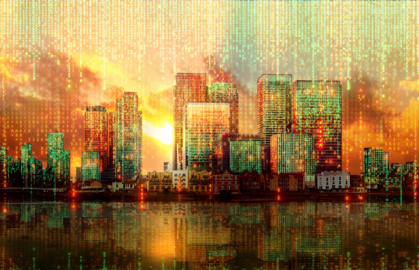矩阵概念和数字连接的伦敦城视图。城市的虚拟连接。金融区天际线与矩阵天空背景在日落图片下载