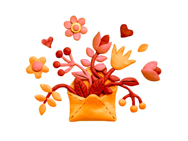 把各种花、叶子、草药装在一个橡皮泥信封里。橡皮泥粘土三维插图孤立的白色背景，可爱的面团形状。图片下载