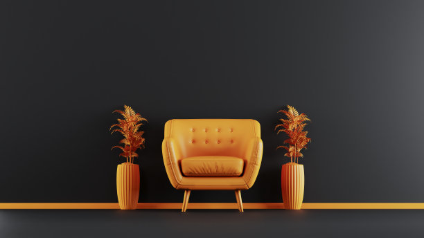 沙发与金棕榈树在锅，客厅内墙黑色与黄色沙发，图片下载