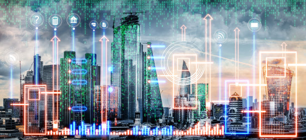 伦敦城景观与霓虹灯线连接。互联网、安全、数据分析概念说明。日落时分的伦敦城图片下载