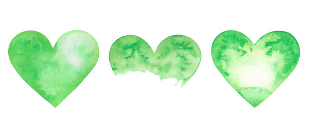 水彩画插画的一套孤立，纹理，绿色的心。图片下载