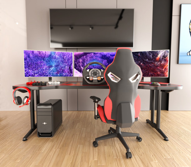 带有多个显示器的游戏桌，游戏赛车轮，耳机，游戏手柄和带有LED灯的表演设备。游戏椅站在拼花地板上。屏幕上的图片来自我自己的作品集图片下载