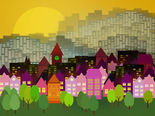 童话般的城市，城市公园和房屋，背景是升起的黄色太阳。图片下载