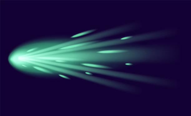 流星或彗星。霓虹灯太空飞行陨石或小行星，现实矢量插图。流星的火迹是孤立的。夜空中出现火球状的气体和尘埃尾巴图片下载