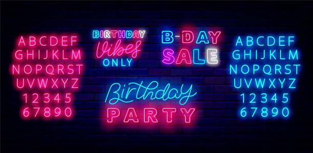 生日派对霓虹灯标签收藏。Bday出售。仅限生日氛围。节日的庆祝活动。矢量股票图图片下载