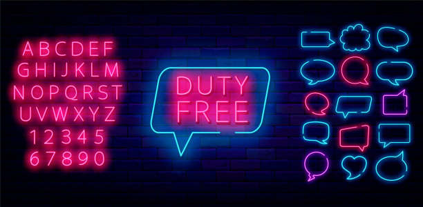 免税霓虹灯标志。语音气泡帧集合。特别提供机场设计。矢量股票图图片下载