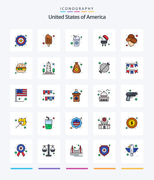 创意美国25线填充图标包如帽子图片下载