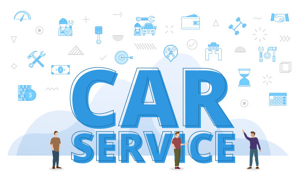 汽车服务概念与大字和人围绕相关图标与蓝色风格图片下载