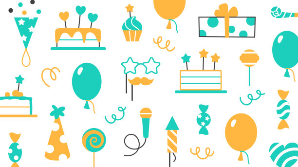 党店名片封面模板。活动服务参观卡设计。最小的抽象色彩庆祝生日嘉年华的平面元素。有趣的松饼气球矢量插图。图片下载