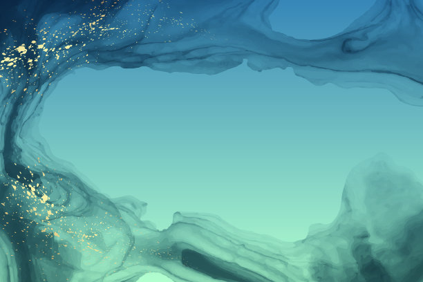 水彩背景与抽象蓝绿色墨水波和金色飞溅。图片下载